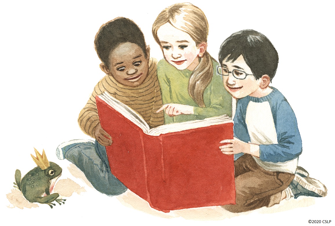 cartoon drawing of three children of various races reading